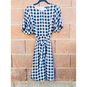 Banana Republic Women Dress 4 Black White Gingham Flutter Sleeve Belted Mini